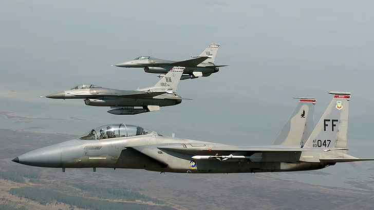 бяла и черна хеликоптерна играчка, военен самолет, самолет, небе, джетове, General Dynamics F-16 Fighting Falcon, F-15 Eagle, военен, самолет, HD тапет