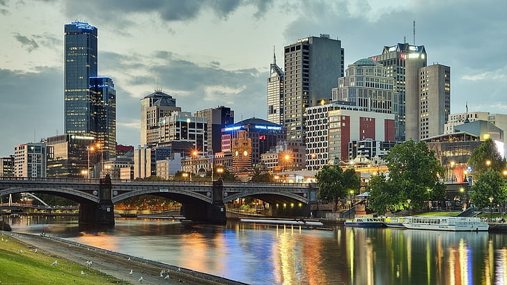 Мельбурн, Австралия, город, река, мост, здания, огни, Мельбурн, Австралия, город, река, мост, здания, огни, HD обои