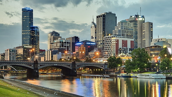 Melbourne, Australia, città, fiume, ponte, edifici, luci, Melbourne, Australia, città, fiume, ponte, edifici, luci, Sfondo HD HD wallpaper