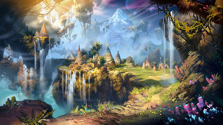 Fantasiekunst, Wasserfall, Berge, HD-Hintergrundbild
