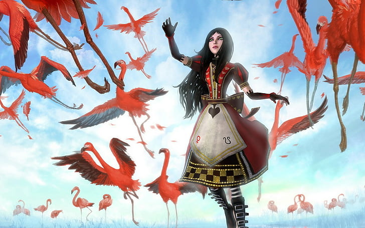 alice, anime, birds, brunettes, clouds, dreaming, dress, flamingos, flying, games, gothic, hearts, heaven, punk, red, skyscapes, video, women, wonderland, HD wallpaper
