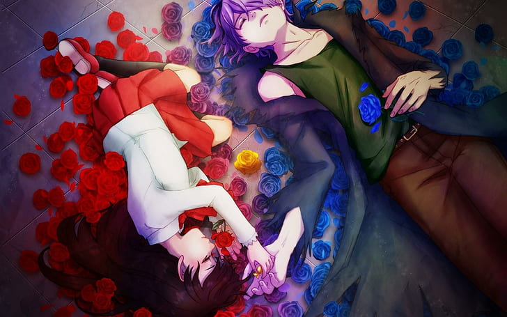 Garry and Ib, beauty, flowers, game, female, anime, male, nice, red-roses, couple, sweet, flower, cute, blue-roses, anime-girl, HD wallpaper