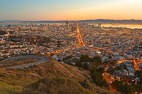 aerial photography of cityscape during dawn, san francisco, san francisco, San Francisco, Sunrise, HDR, aerial photography, cityscape, san  francisco, sun  rise, dawn, morning, twin  peaks  california, usa, united  states, america, american, building, buildings, landmark, landmarks, architecture, architectural, construction, bridge  street, streets, road, roads, transportation, water, river  ocean, ocean  sea, pacific, bay  area, hills, mountain, tree, foliage, grass, scene, scenic, scenery, landscape, urban, city, cityline, line, beauty, beautiful, travel, tourism, outdoor, outside, outdoors, sky, wide  angle, wide-angle, glow, stock, resource, image, picture, sunset, dusk, HD wallpaper HD wallpaper