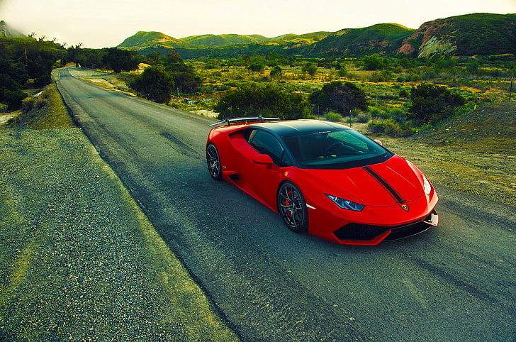 red and black coupe, Lamborghini, Red, Front, Vorsteiner, Aero, Road, Verona, Rich, 2015, Huracan, LP640-4, Edition, HD wallpaper