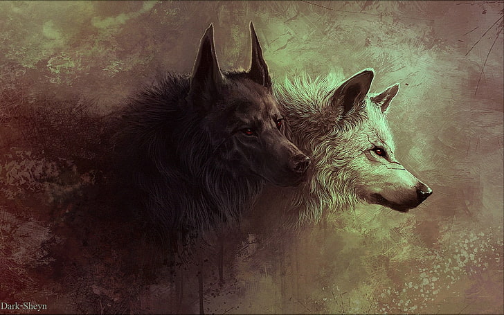 two gray wolves digital wallpaper, two black and white wolves digital wall paper, wolf, animals, red eyes, artwork, HD wallpaper