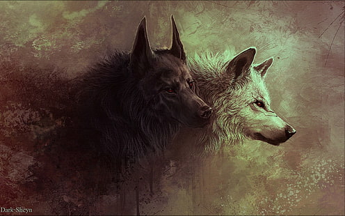 tapeta cyfrowa dwa szare wilki, tapeta cyfrowa dwa wilki czarno-białe, wilk, zwierzęta, czerwone oczy, grafika, Tapety HD HD wallpaper