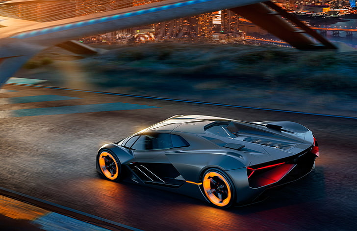 серый концепт-кар McLaren, серый спортивный автомобиль на дороге, архитектура, мост, вода, спортивный автомобиль, автомобиль, Lamborghini Terzo Millennio, размытие в движении, городской пейзаж, Lamborghini, огни, HD обои