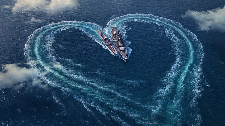 black cruise ship, heart, waves, ship, sea, warship, HD wallpaper