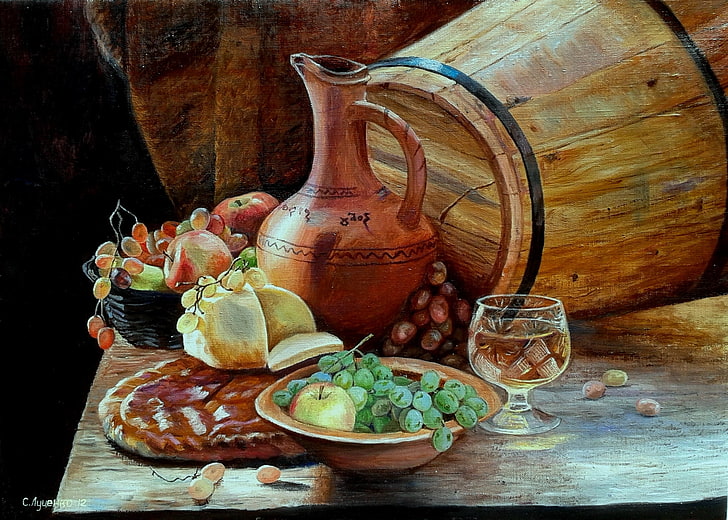 variety of fruits painting, wine, figure, glass, food, picture, pitcher, fruit, painting, barrel, brandy, Lutsenko, still life with grapes, HD wallpaper