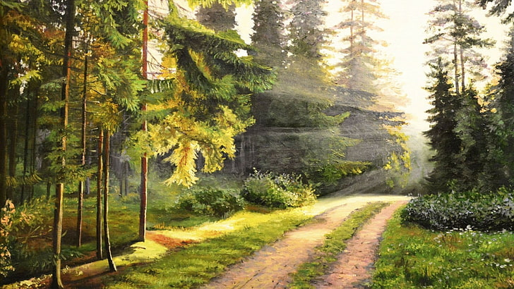 bosque, paisaje, camino de tierra, pintura de paisaje, camino, arte de la pintura, mañana, luz solar, bosque de coníferas templado, naturaleza, árbol, pintura, camino forestal, bosque, desierto, camino, rayo de sol, Fondo de pantalla HD