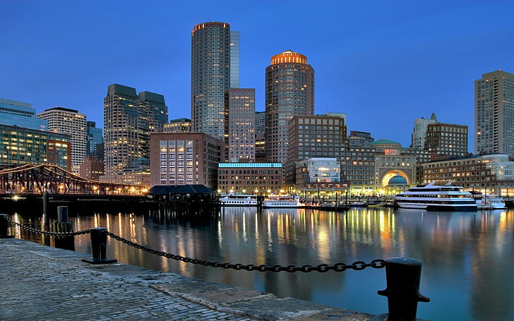 Boston, miasto, pejzaż, porty, miejskie, miejskie światła, Tapety HD