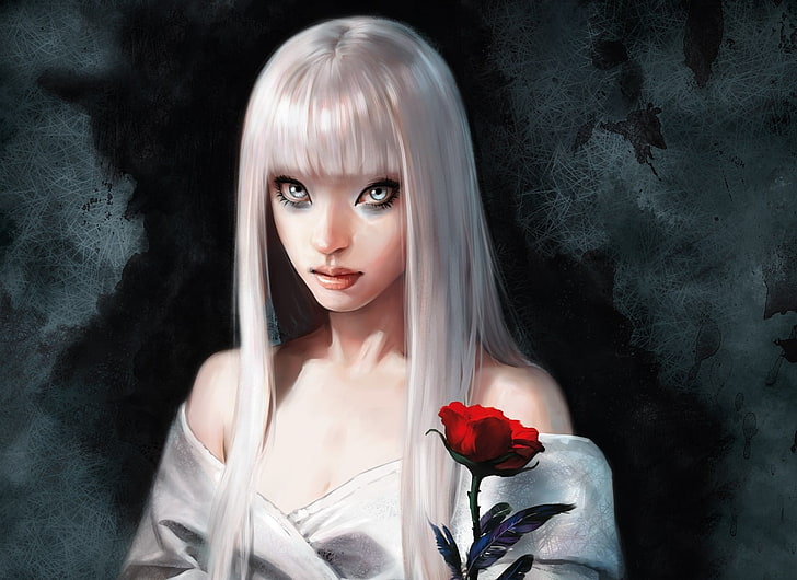 female character wearing white top holding red rose illustration, fantasy, girl, blonde, rose, HD wallpaper