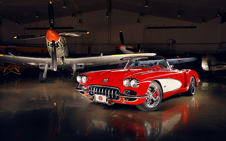 Chevrolet Corvette 1959 Pogea Racing 3, rot-weißes klassisches Cabrio und Flugzeug, Rennsport, Chevrolet, Corvette, 1959, Pogea, Autos, HD-Hintergrundbild