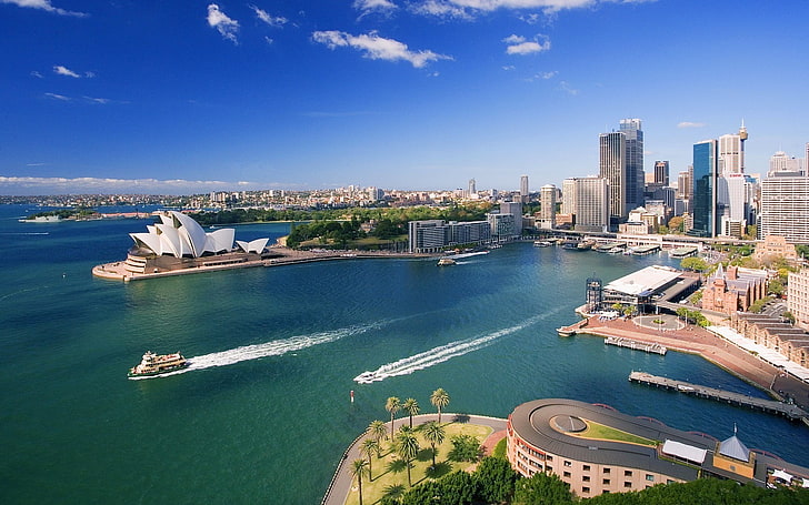 Sydney Opera House, Australien, Opernhaus Sydney Australia, Sydney Opera House, Sydney, Australien, Meer, Stadtbild, Himmel, Boot, HD-Hintergrundbild