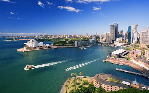 Сиднейский оперный театр, Австралия, Оперный театр Сидней Австралия, Сиднейский оперный театр, Сидней, Австралия, море, городской пейзаж, небо, лодка, HD обои HD wallpaper