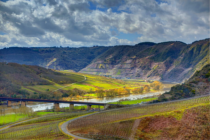 field, the sky, clouds, mountains, bridge, river, vineyard, Germany, ediger-eller, HD wallpaper