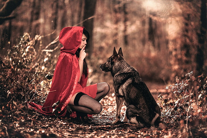 Costume e lupo Cappuccetto rosso, fantasy art, donne all'aperto, animali, calze a rete, Cappuccetto rosso, dito sulle labbra, filtro, Sfondo HD