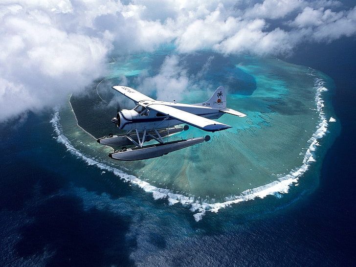 airplane, island, sea, aerial view, aircraft, vehicle, HD wallpaper