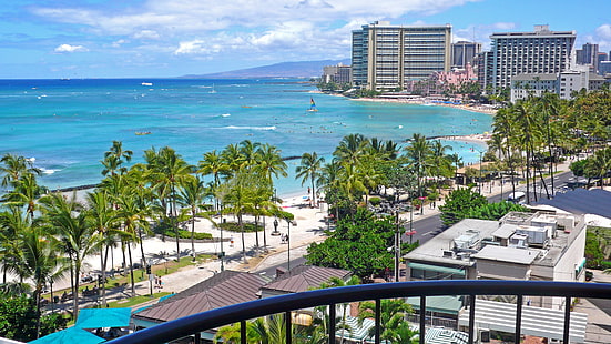 фотография города, моря, пляжа, Гавайи, Гонолулу, HD обои HD wallpaper
