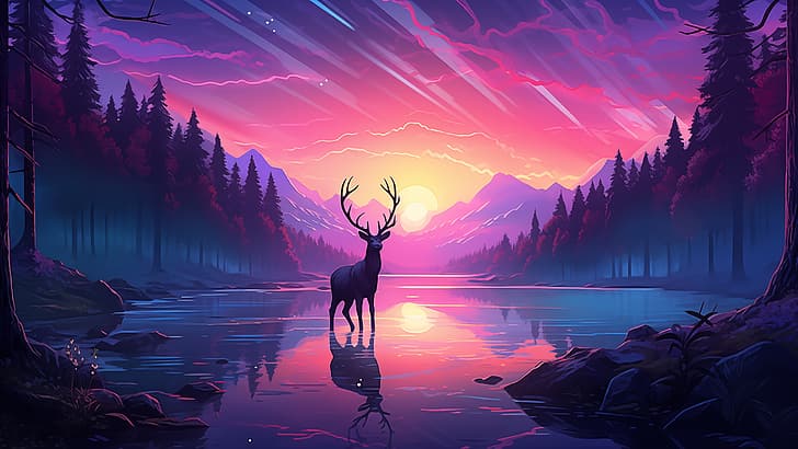 deer, landscape, sunset, purple, pink, warm colors, sky, river, forest, water, trees, HD wallpaper