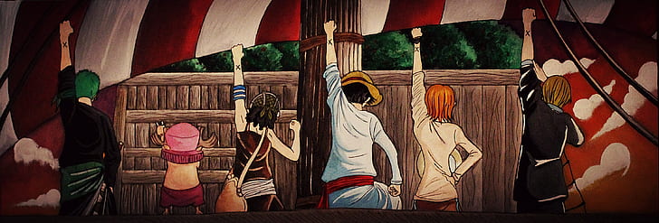 аниме, One Piece, спина, кулак, руки вверх, HD обои