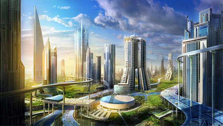 stadsbild digital tapet, futuristisk, arkitektur, landskap, stad, science fiction, stadsbild, futuristisk stad, HD tapet