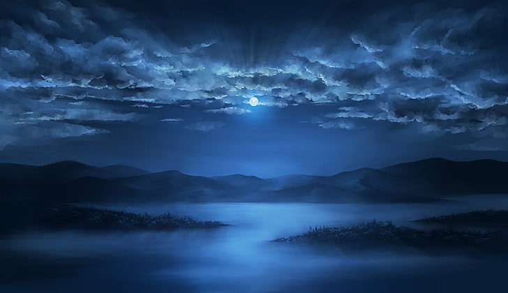 Paisaje de anime, noche, luna, nubes, cielo, lago, obras de arte, Anime,  Fondo de pantalla HD | Wallpaperbetter