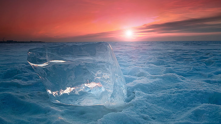 body of water, cold, ice, snow, sunset, floe, HD wallpaper