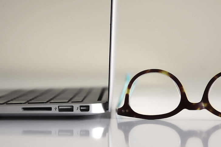 apple, desk, eyeglasses, glasses, laptop, macbook, macbook air, HD wallpaper