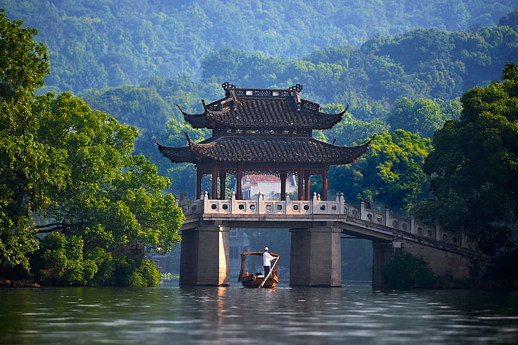 China, bridge, river, canoes, HD wallpaper