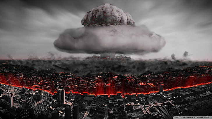 illustrazione di esplosione nucleare, bombe, città, paesaggio urbano, rovina, nucleare, esplosione, colorazione selettiva, bomba atomica, apocalittico, arte digitale, Sfondo HD