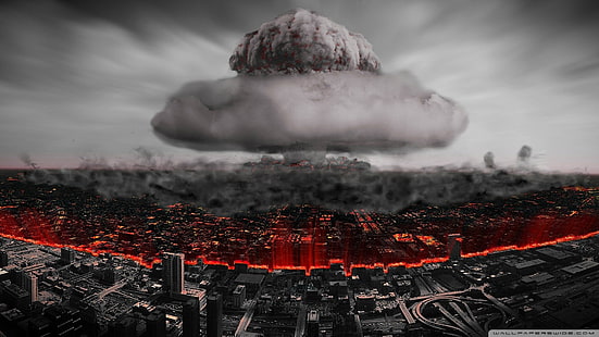 nuclear explosion illustration, bombs, city, cityscape, ruin, nuclear, explosion, selective coloring, atomic bomb, apocalyptic, digital art, HD wallpaper HD wallpaper