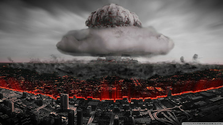 city, bombs, apocalyptic, digital art, cityscape, ruin, explosion, atomic bomb, nuclear, selective coloring, HD wallpaper