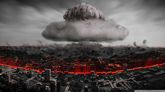city, bombs, apocalyptic, digital art, cityscape, ruin, explosion, atomic bomb, nuclear, selective coloring, HD wallpaper HD wallpaper