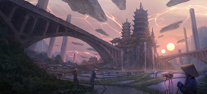 kuil pagoda dengan wallpaper digital jembatan, fiksi ilmiah, istana, seni fantasi, futuristik, kota, karya seni, Wallpaper HD HD wallpaper