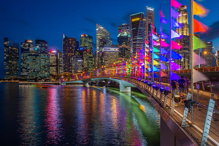 мост, сграда, дом, залив, Сингапур, нощен град, знамена, небостъргачи, залив Марина, юбилеен мост, HD тапет