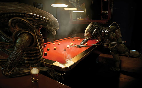 Alien vs. Predator, Xenomorph, Predator (фильм), Alien (фильм), цифровое искусство, бильярд, бильярдные шары, рендер, пиво, сигареты, HD обои HD wallpaper