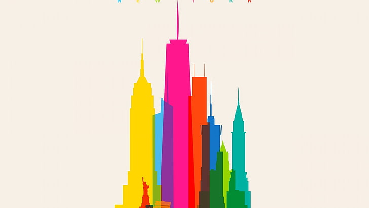 ilustrasi bangunan warna-warni, kota, gedung pencakar langit, minimalis, warna-warni, latar belakang sederhana, latar belakang putih, lanskap kota, Wallpaper HD