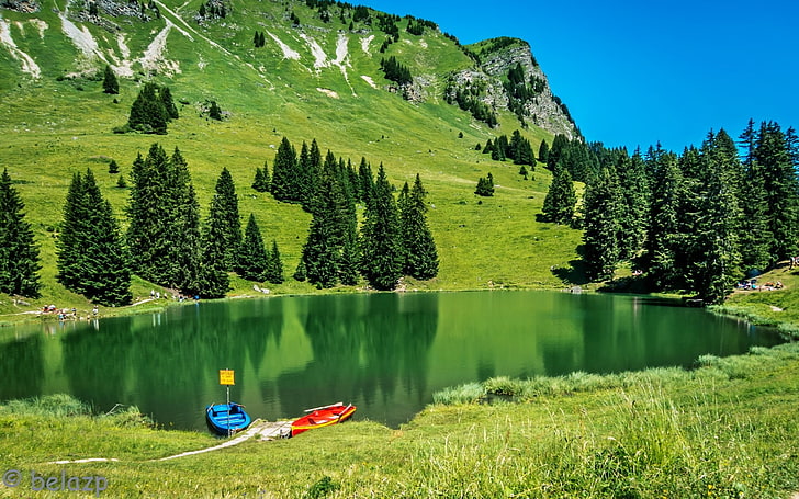 Lakes, Lake, Grass, Green, Hill, Landscape, Nature, Sunny, Tree, HD wallpaper