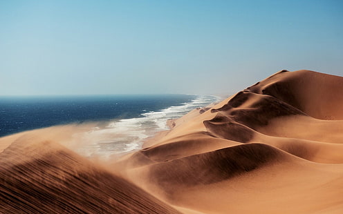 Namibia, desierto, naturaleza, paisaje, mar, África, arena, viento, dunas, polvo, horizonte, cielo despejado, cielo, agua, olas, azul, marrón, Fondo de pantalla HD HD wallpaper