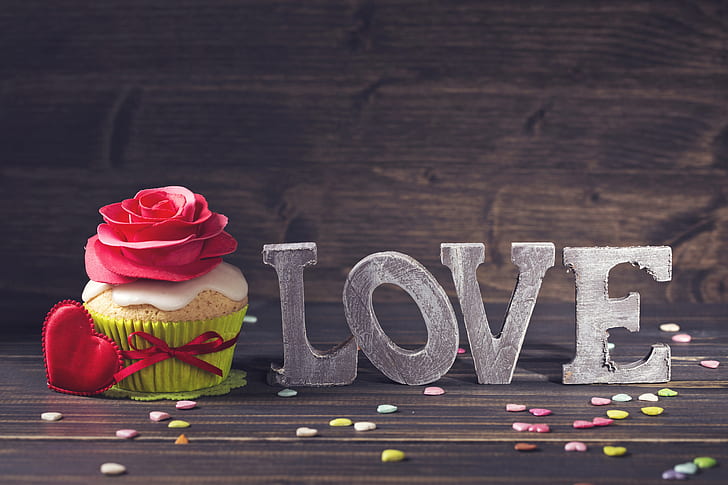 romance, rose, Love, hearts, decoration, heart, cakes, romantic, Valentine's Day, cupcake, dessert, HD wallpaper