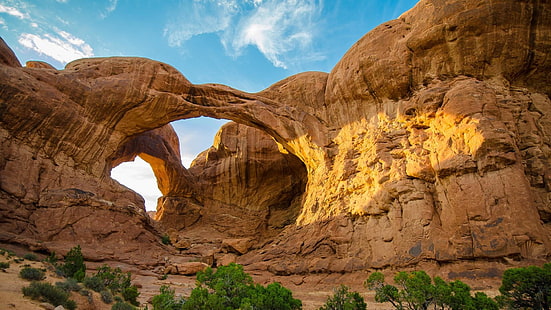 double arch, arches national park, utah, united states, awesome, national park, arches, natural, usa, sandstone, sky, amazing, HD wallpaper HD wallpaper