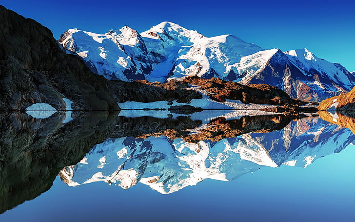 Prancis, Pegunungan Alpen, Mont Blanc, pegunungan putih, danau, refleksi, cermin, Perancis, Pegunungan Alpen, Putih, Pegunungan, Danau, Refleksi, Cermin, Wallpaper HD