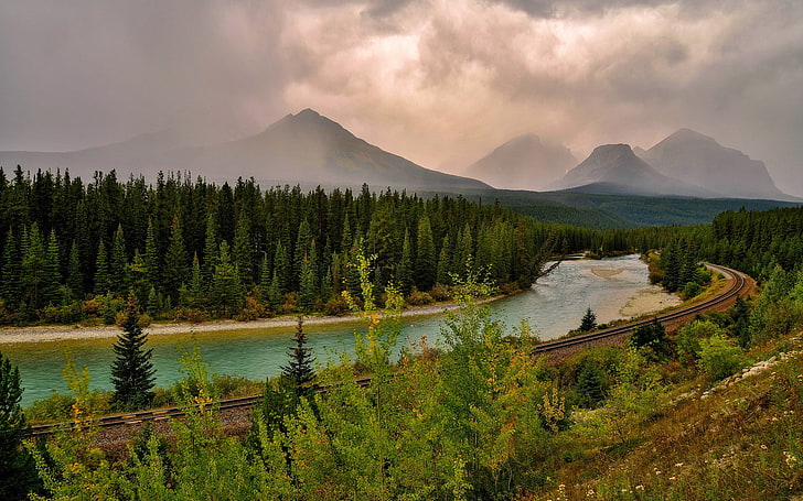 Natur, Landschaft, Wolken, Wald, Berge, Eisenbahn, Fluss, HD-Hintergrundbild