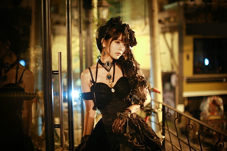 дамска черна рокля на деколтето на сладко, Yurisa Chan, корейка, модел, жени, готика, HD тапет