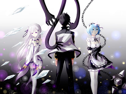 Anime, Re: ZERO - Das Leben in einer anderen Welt beginnen -, Emilia (Re: ZERO), Rem (Re: ZERO), Subaru Natsuki, HD-Hintergrundbild HD wallpaper