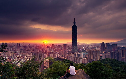 Taipeh, paesaggio urbano, Taipei, Taipei 101, alba, coperto, Sfondo HD HD wallpaper