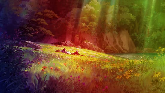 Karigurashi no Arrietty, colorido, anime, grama, lago, HD papel de parede HD wallpaper