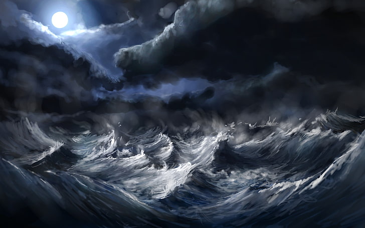 nimbus sur d'énormes vagues océaniques, art numérique, nature, paysage, nuages, mer, vagues, tempête, lune, rayons de lune, peinture, œuvres d'art, Alex Linde, DeviantArt, Fond d'écran HD
