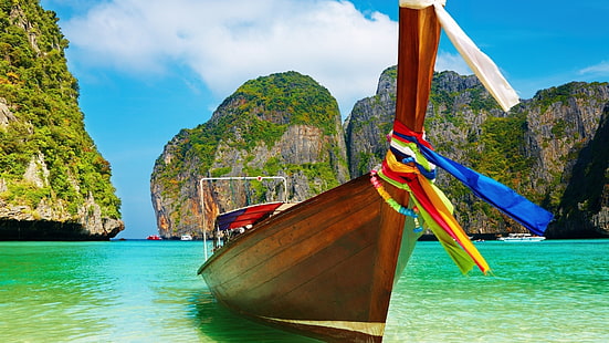 природа, лодка, острова Пхи-Пхи, Таиланд, залив, скалы, HD обои HD wallpaper